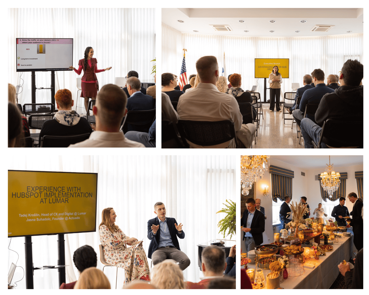 Collage of four event photos showing speakers and a networking or refreshment area with a buffet setup