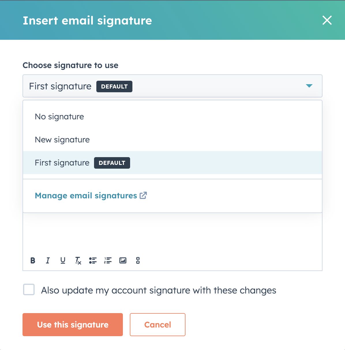 Dropdown menu in HubSpot's "Insert email signature" dialog showing signature options.