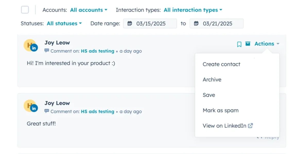 HubSpot Social Inbox showing LinkedIn comments with an open Actions menu, offering options like Create contact, Archive, Save, Mark as spam, and View on LinkedIn.