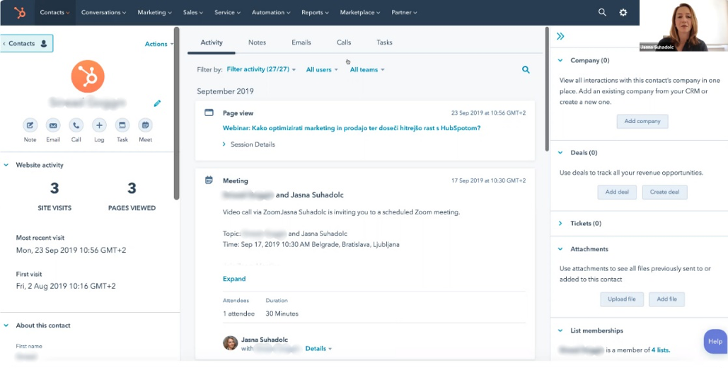 Screenshot of HubSpot CRM. Contacts page