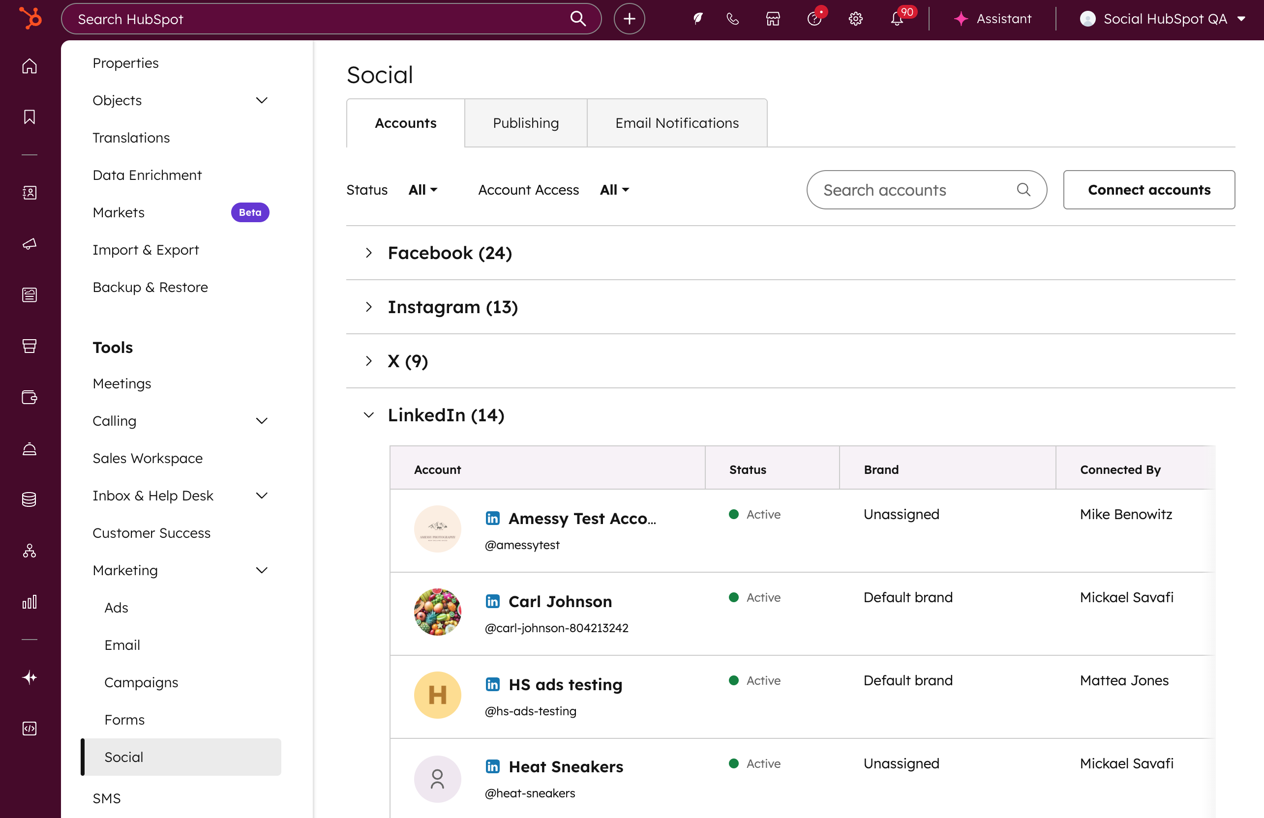 Social media settings update in HubSpot