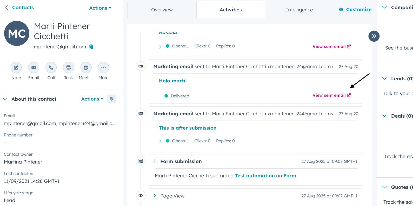 Screenshot of a HubSpot contact record activity timeline showing marketing emails sent to a contact, with the “View sent email” link highlighted to access the exact rendered version of the email received by the contact.