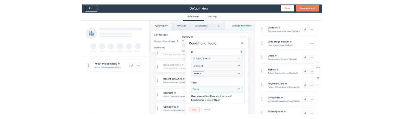HubSpot layout editor showing conditional logic settings to display the Overview tab only when the lead status is “Open.”