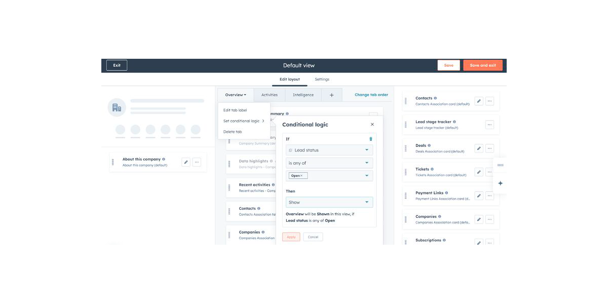 HubSpot layout editor showing conditional logic settings to display the Overview tab only when the lead status is “Open.”