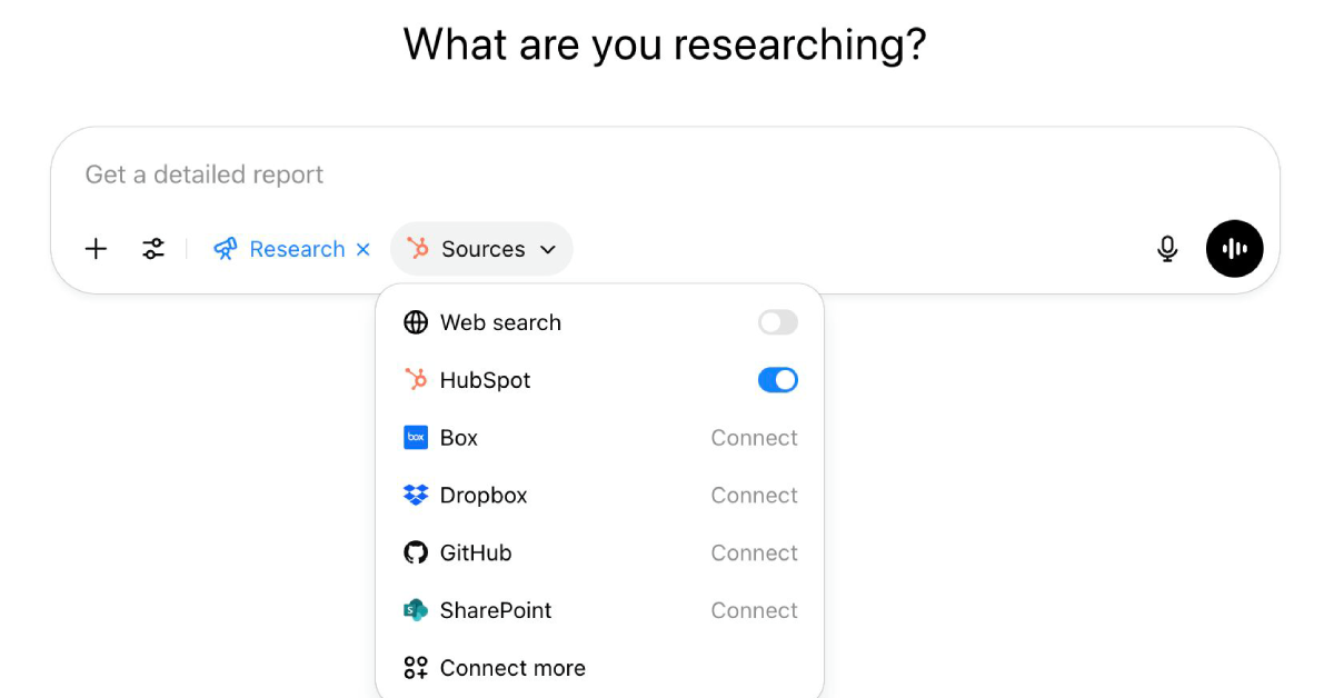 Screenshot of a ChatGPT interface showing the "What are you researching?" prompt, with a dropdown menu under "Sources" where HubSpot is toggled on. 