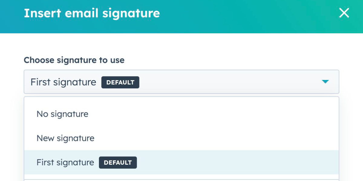 Dropdown menu in HubSpot's "Insert email signature" dialog showing signature options.