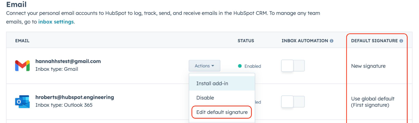 HubSpot email settings screen with the 'Edit default signature' option highlighted.