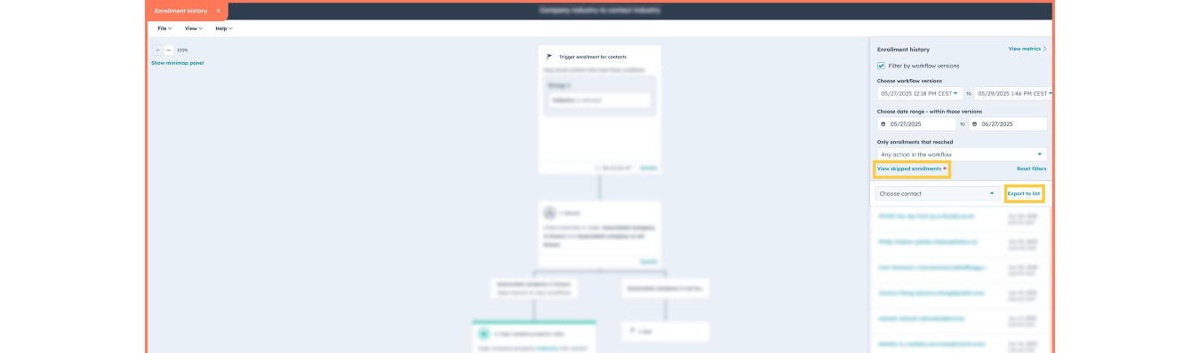 Screenshot of a HubSpot workflow with the enrollment history panel open, showing an option to export enrolled contacts to a static list.