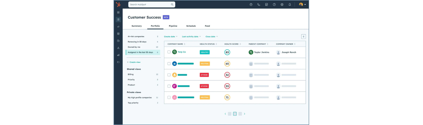 Screenshot of HubSpot’s Customer Success dashboard showing company records with health status labels, health scores, and owner assignments.