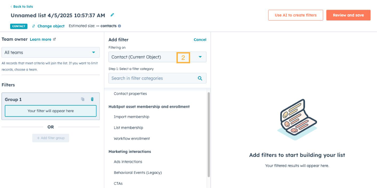 HubSpot list creation screen with filter categories visible, highlighting “Documents” under marketing interactions.