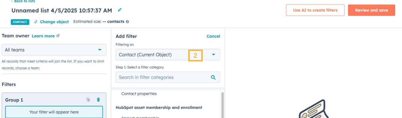 HubSpot list creation screen with filter categories visible, highlighting “Documents” under marketing interactions.