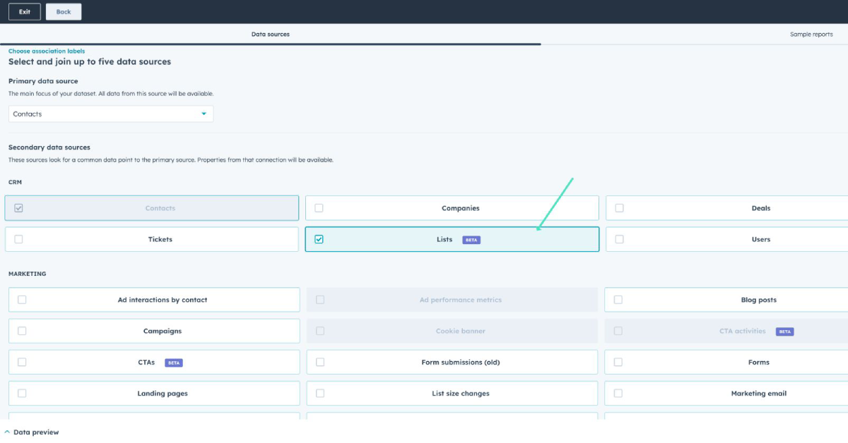 Screenshot of HubSpot’s Custom Report Builder interface showing "Data sources" selection. "Contacts" is selected as the primary data source, and "Lists (Beta)" is selected as a secondary data source. 
