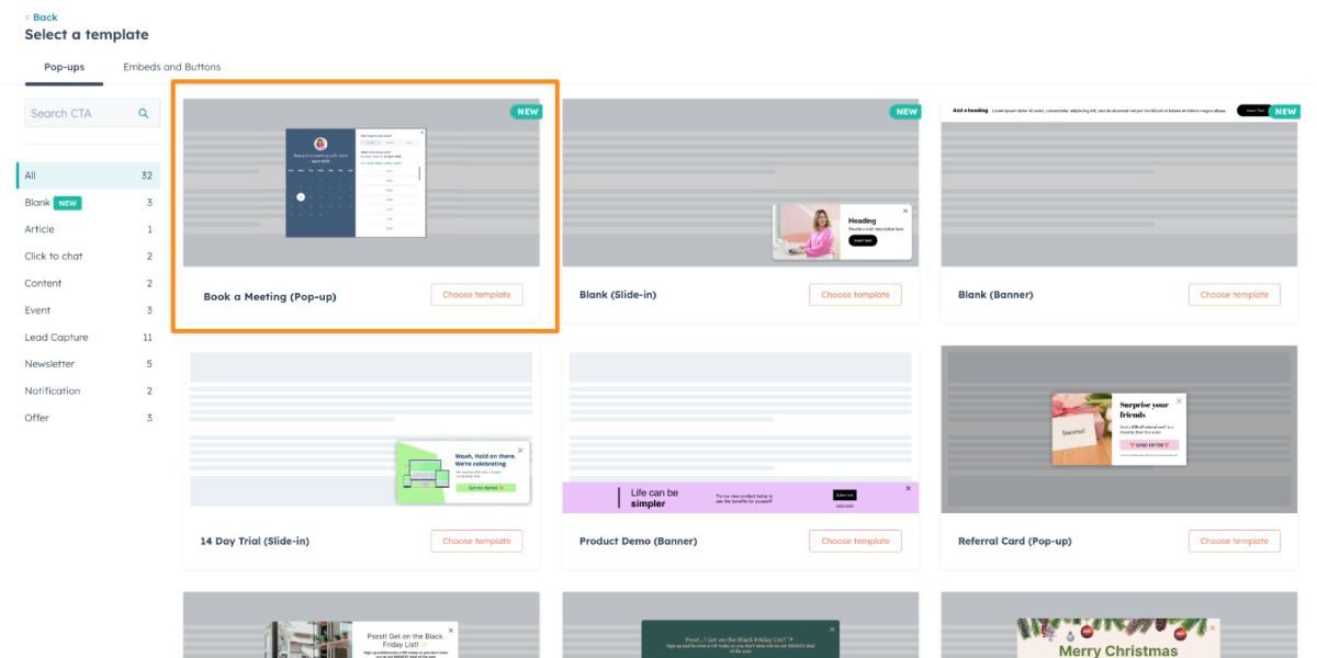 HubSpot's "Select a template" screen for CTAs, highlighting the “Book a Meeting (Pop-up)” template with a preview and “Choose template” button.