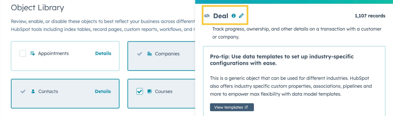 HubSpot Object Library displaying enabled CRM objects like Contacts, Deals, and Tickets, with the “Deal” object selected and ready for renaming.