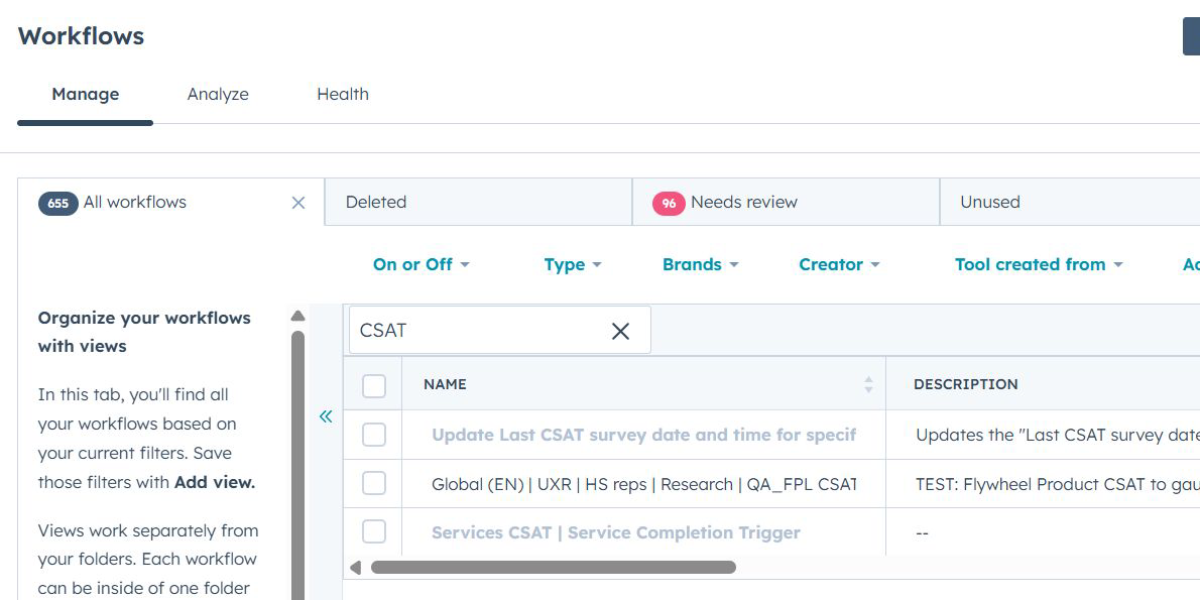 HubSpot Workflows dashboard in the “Manage” tab.