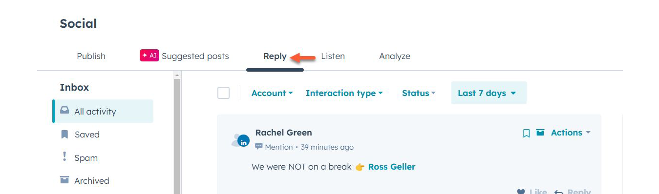 HubSpot Social Inbox showing a list of LinkedIn mentions in the Reply tab, with filters for account, interaction type, status, and date range.