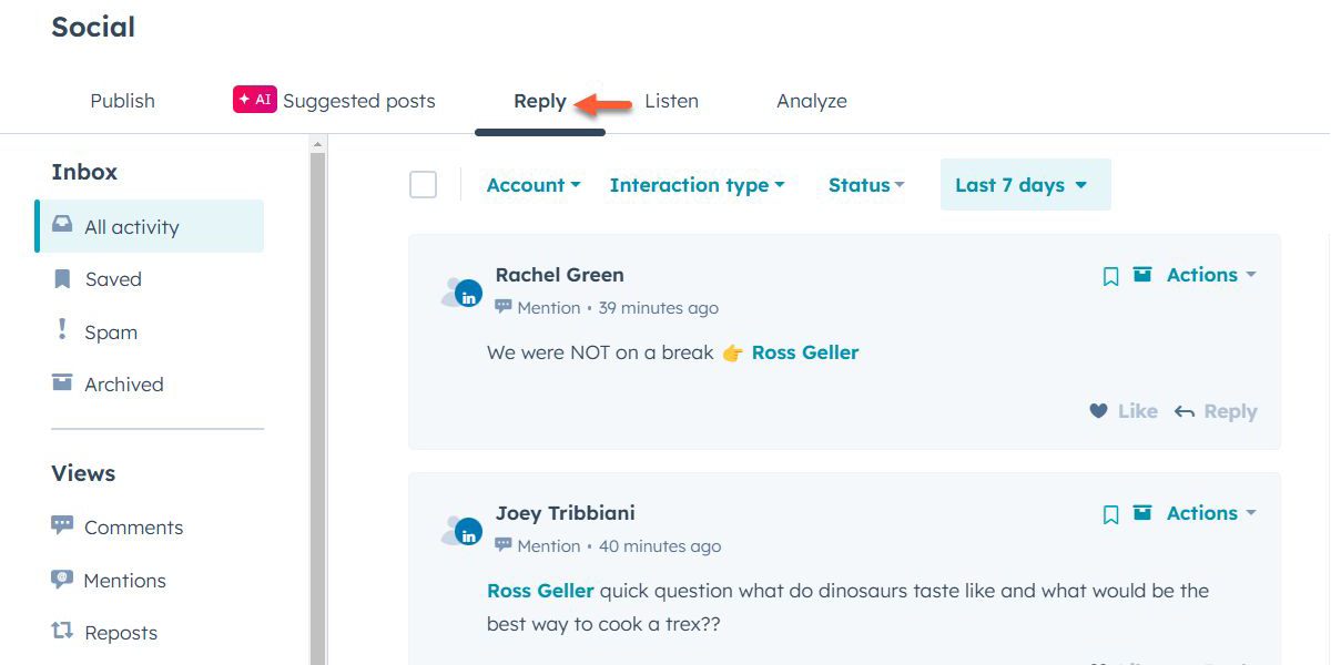 HubSpot Social Inbox showing a list of LinkedIn mentions in the Reply tab, with filters for account, interaction type, status, and date range.