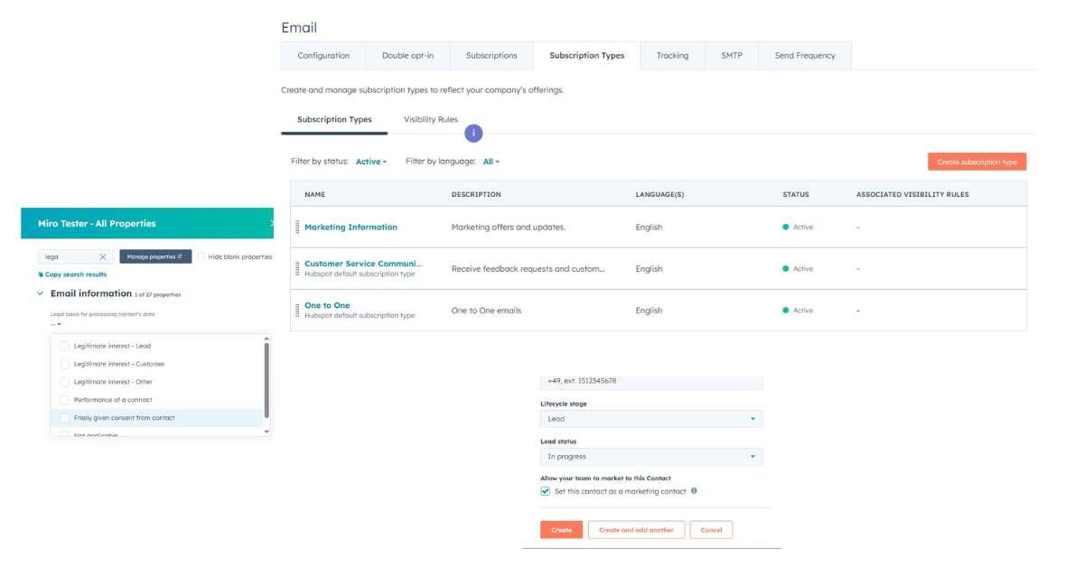 Difference between Legal Basis, Subscription Type, and Marketing Contact 